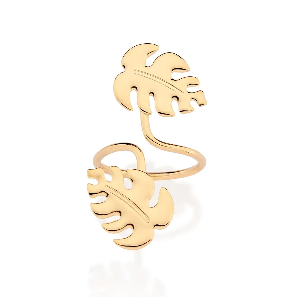ANEL AJUSTÁVEL FOLHAS COSTELA DE ADÃO BANHADO A OURO 18K 513487