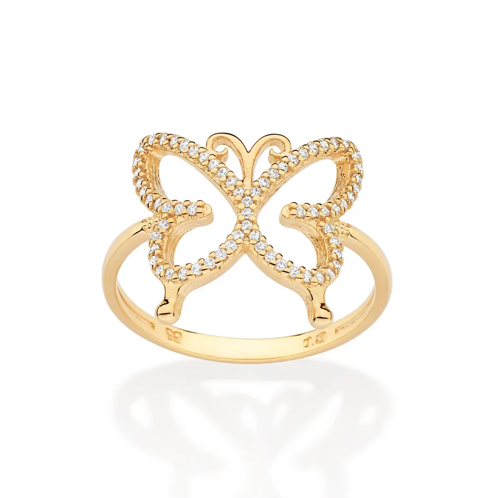 Anel Borboleta Folheada a Ouro 18k Com Zircônias 513443