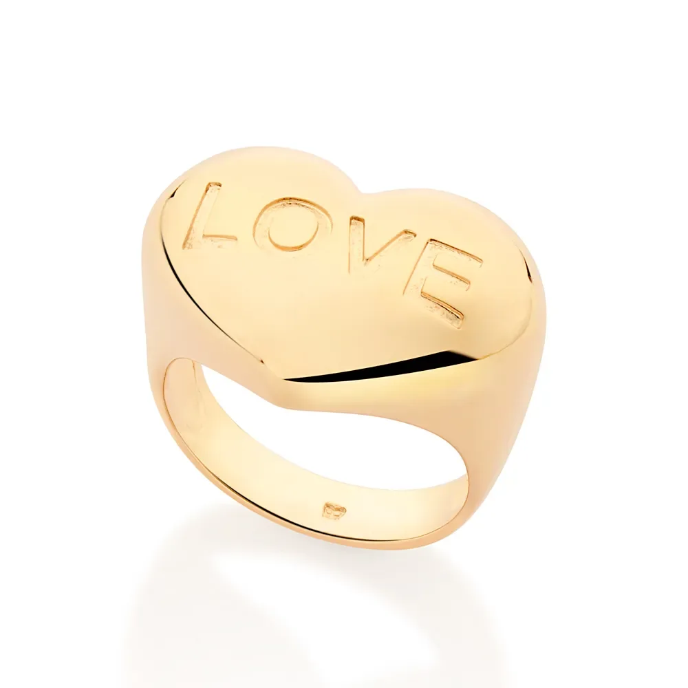 Anel coração love abaulado banhado a ouro 18k 513480