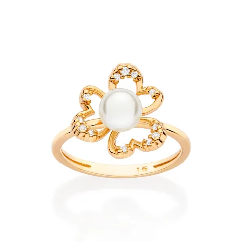 Anel Flor Com Pérola Folheado a Ouro 18k 513436