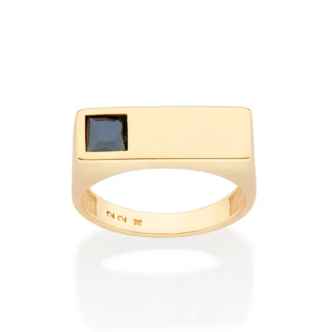 Anel Retangular Pedra Preta Folheado a Ouro 18k - 513439