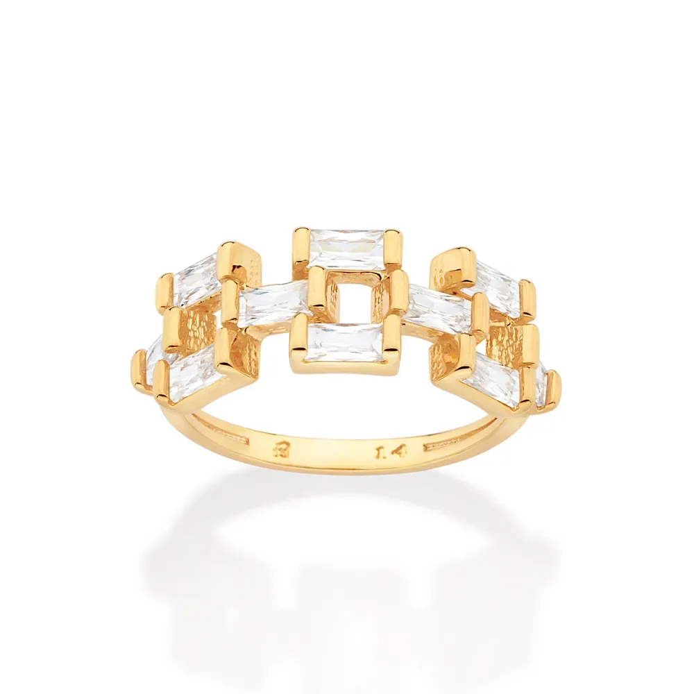 Anel Zircônias Baguete Folheado a Ouro 18k - 513441