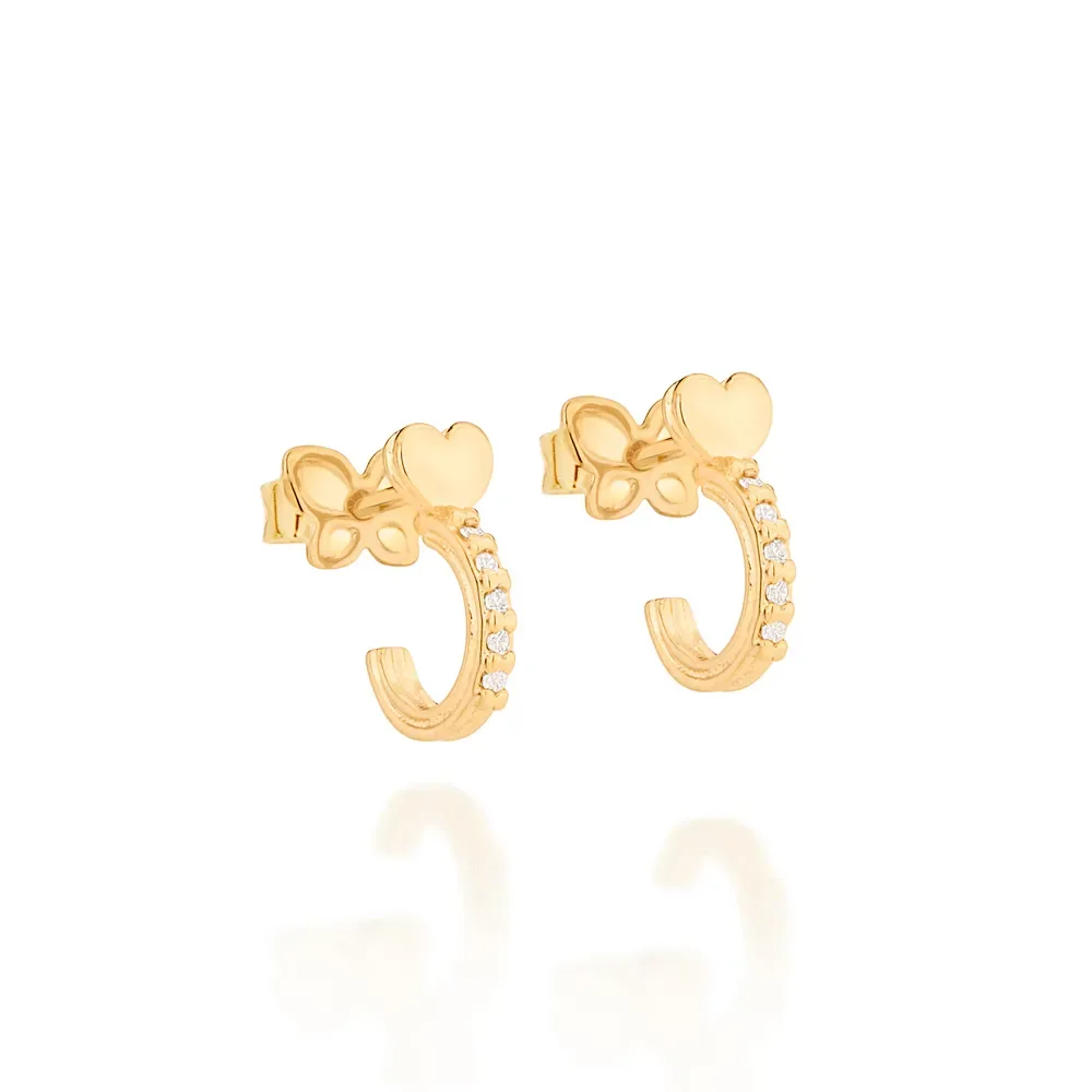 BRINCO MEIA ARGOLA CORAÇÃO BANHADO A OURO 18K COM ZIRCÔNIAS - TAM.ÚNICO 526446