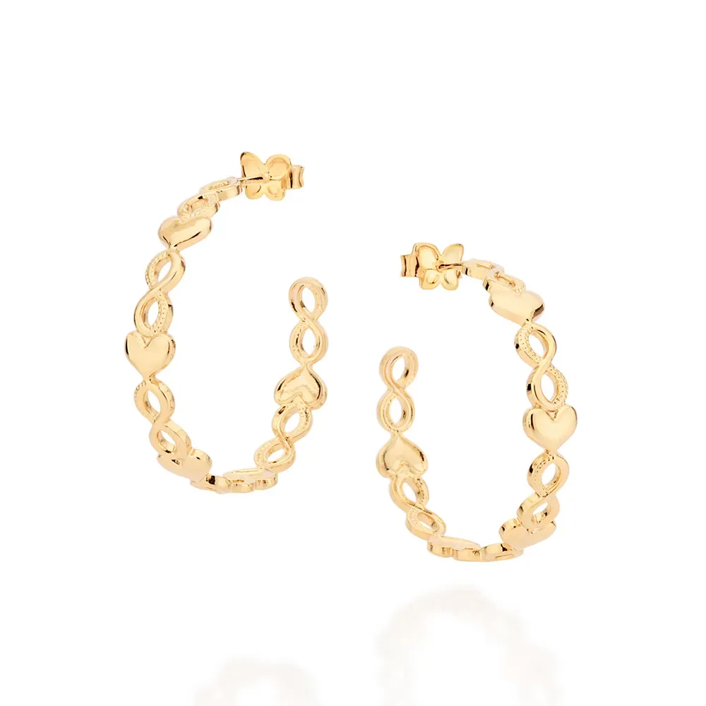 Brinco Meia Argola Infinito Com Coração Folheado a Ouro 18k - 527254