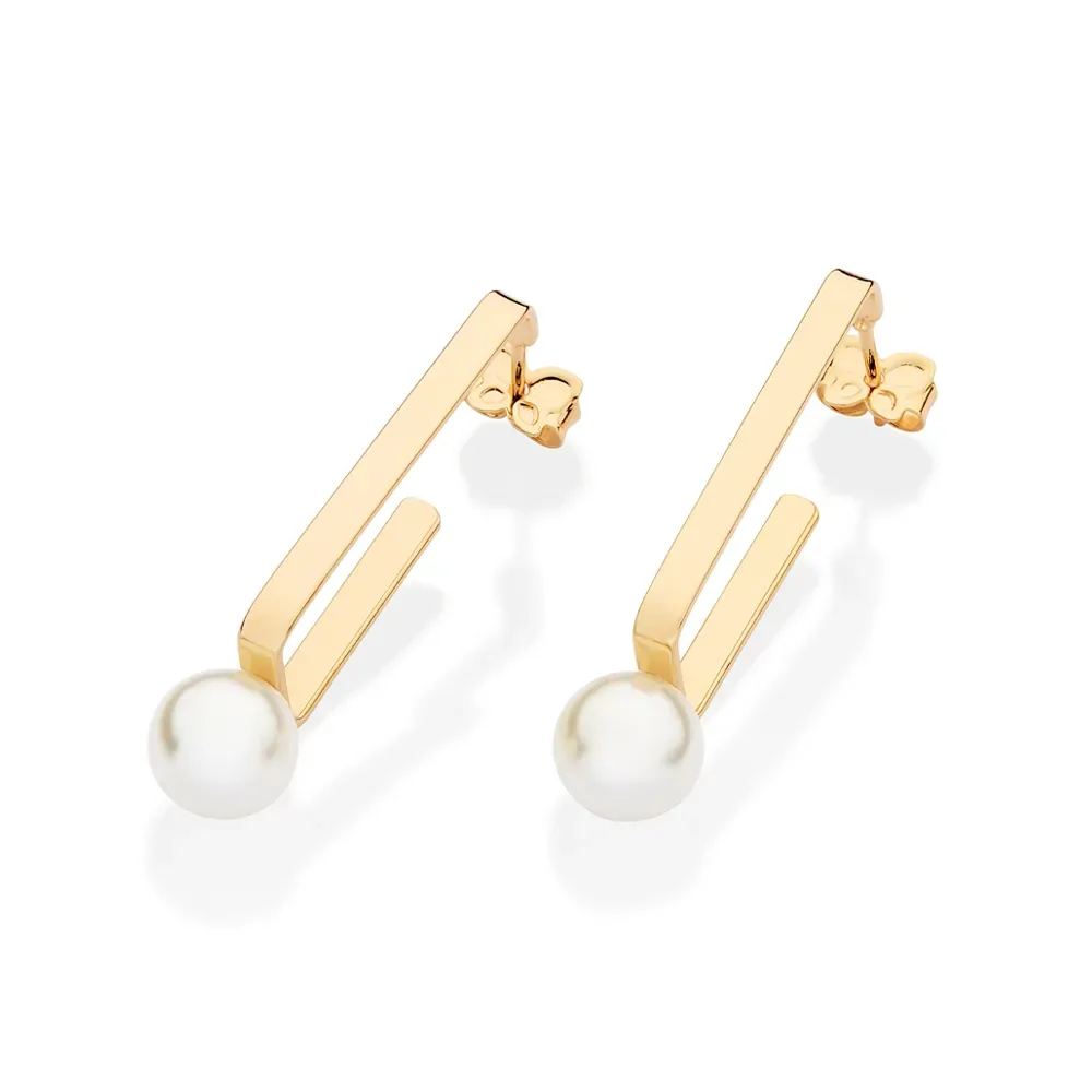 BRINCO MEIA ARGOLA RETANGULAR BANHADO A OURO 18K COM PÉROLAS SINTÉTICAS - TAM.ÚNICO 527428