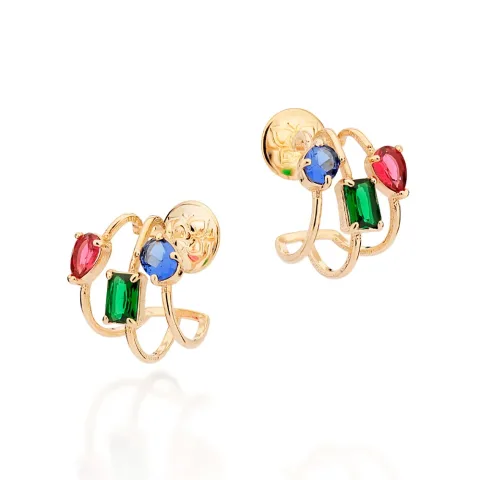 Brinco Meia Argola Tripla Folheada a Ouro 18k Com Cristais - 527252