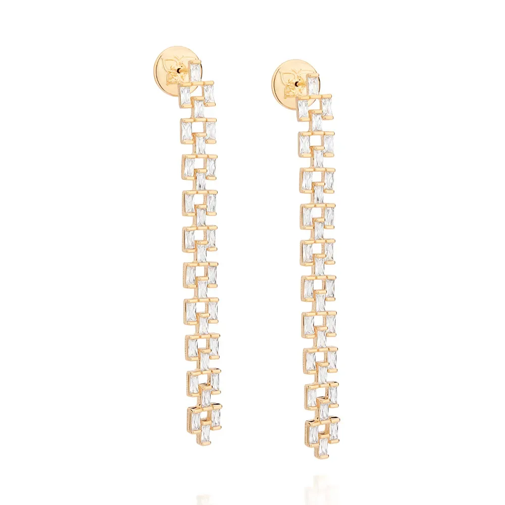 Brinco pêndulo folheado a ouro 18k com zircônias - tam.único 5272650006