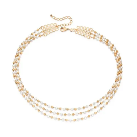 Colar Triplo Folheado a Ouro 18k Com Pérolas Sintéticas e Esferas - Tam.45 532508