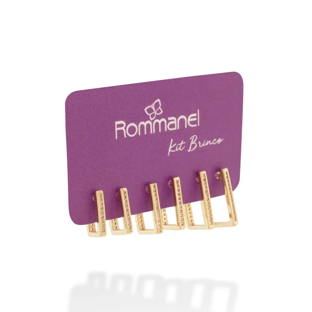 KIT BRINCO ARGOLA RETANGULAR BANHADO A OURO 18K COM ZIRCÔNIAS - TAM.ÚNICO 527407
