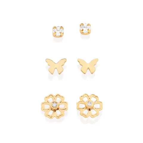 KIT BRINCO BORBOLETA, FLOR E SOLITÁRIO BANHADO A OURO 18K COM ZIRCÔNIAS - TAM.ÚNICO 527229