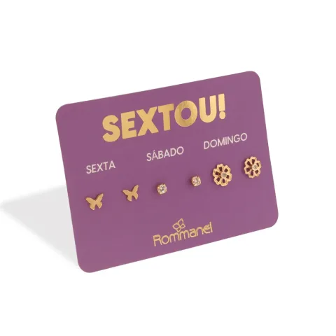 Kit Brinco Borboleta, Flor e Solitário Folheado a Ouro 18k Com Zircônias - 527229