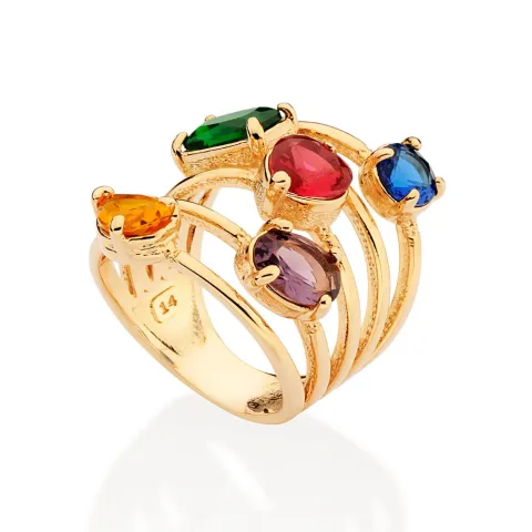 Maxi Anel Folheado a Ouro 18k Com Cristais 513435