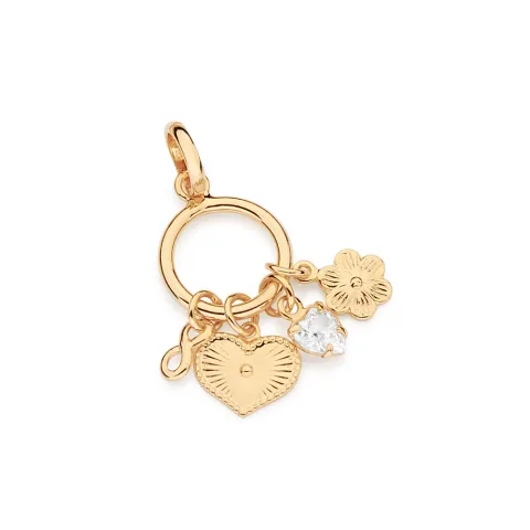 PINGENTE PÊNDULOS INFINITO, CORAÇÕES E FLOR BANHADO A OURO 18K COM ZIRCÔNIA 542986