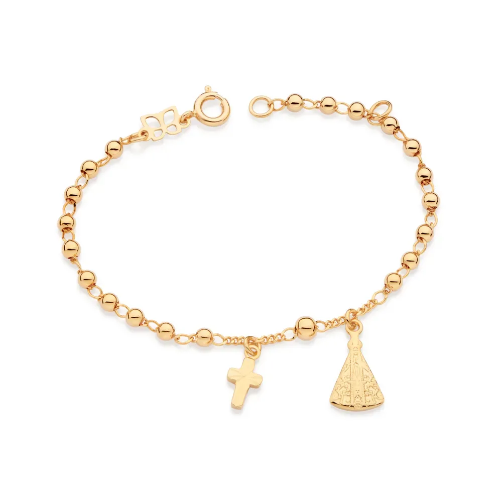 Pulseira infantil com cruz e nossa senhora aparecida folheada a ouro 18k - tam.16 552133