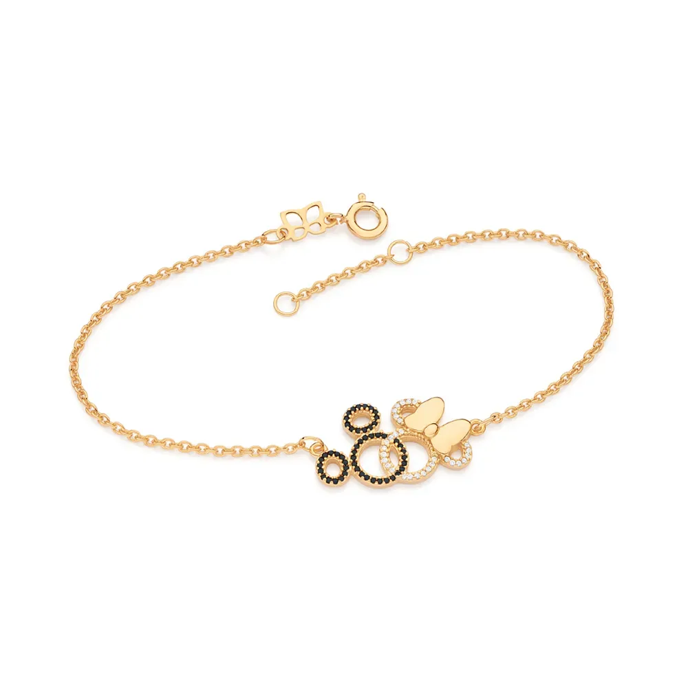 Pulseira Mickey e Minnie Entrelaçados Banhado a Ouro 18k Com Zircônias - tam.20 552152
