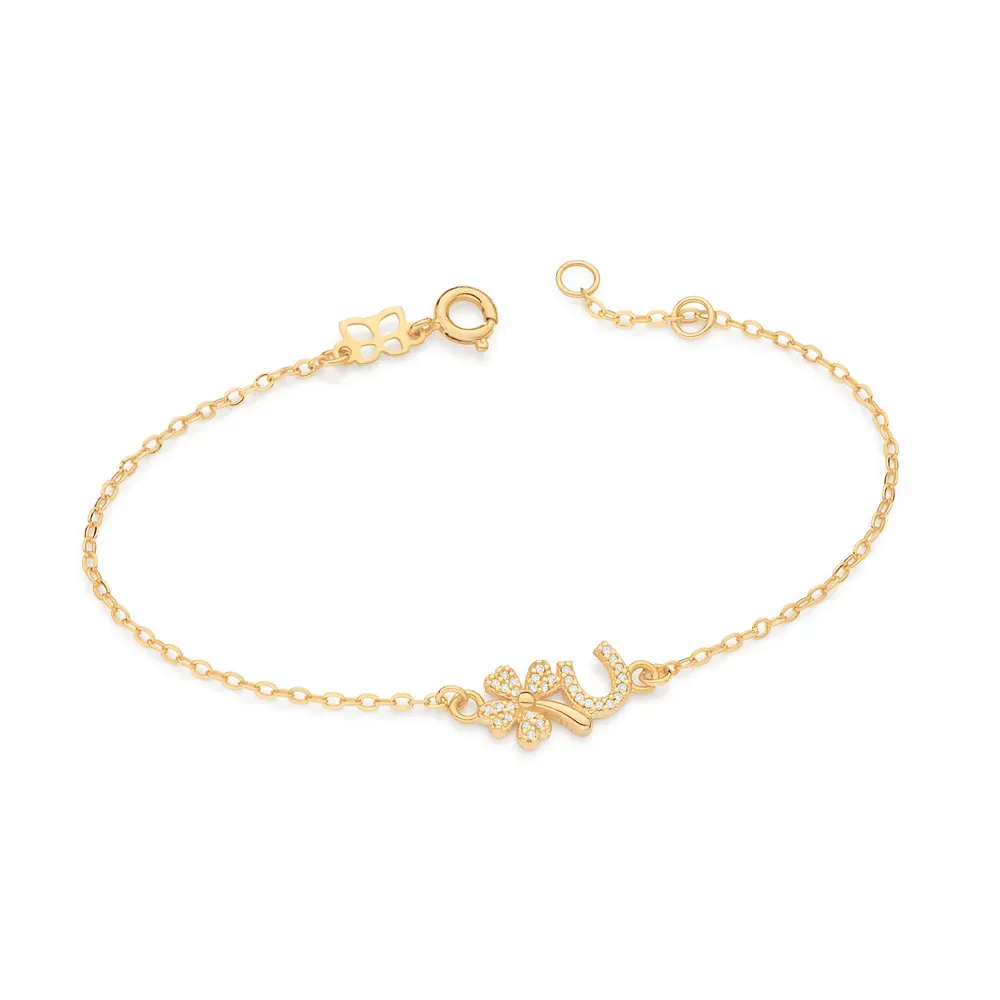 PULSEIRA TREVO DE QUATRO FOLHAS E FERRADURA BANHADA A OURO 18K COM ZIRCÔNIAS 552235